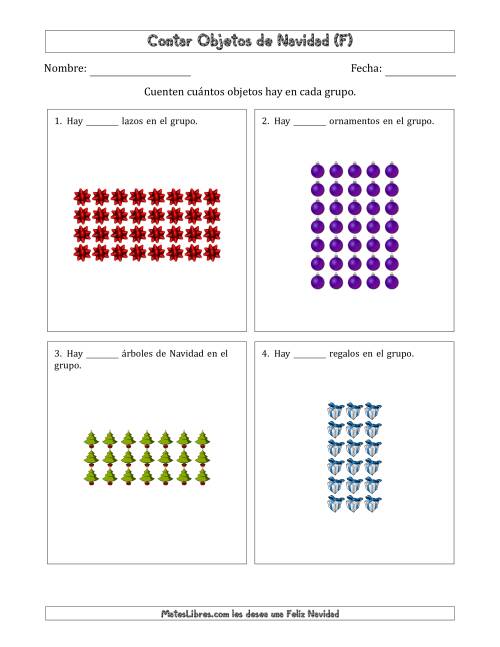 La hoja de ejercicios de Contar Objetos Navideños en Conjuntos Rectangulares de Dimensiones hasta 9 (F)