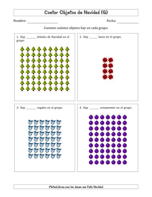 La hoja de ejercicios de Contar Objetos Navideños en Conjuntos Rectangulares de Dimensiones hasta 9 (G)