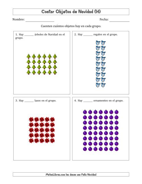 La hoja de ejercicios de Contar Objetos Navideños en Conjuntos Rectangulares de Dimensiones hasta 9 (H)