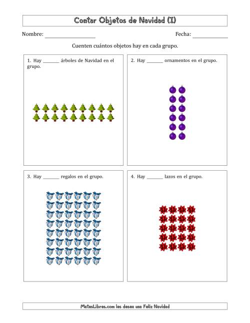 La hoja de ejercicios de Contar Objetos Navideños en Conjuntos Rectangulares de Dimensiones hasta 9 (I)