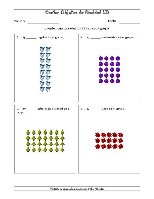 La hoja de ejercicios de Contar Objetos Navideños en Conjuntos Rectangulares de Dimensiones hasta 9 (J)