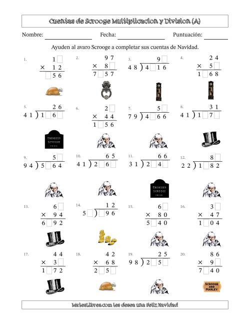 La hoja de ejercicios de Las cuentas incompletas de Ebenezer Scrooge, Multiplicacion y Division (Versión Difícil) (A)