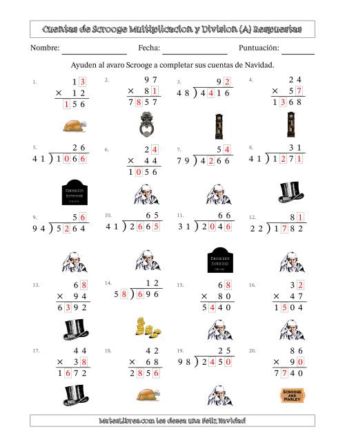 La hoja de ejercicios de Las cuentas incompletas de Ebenezer Scrooge, Multiplicacion y Division (Versión Difícil) (A) Página 2