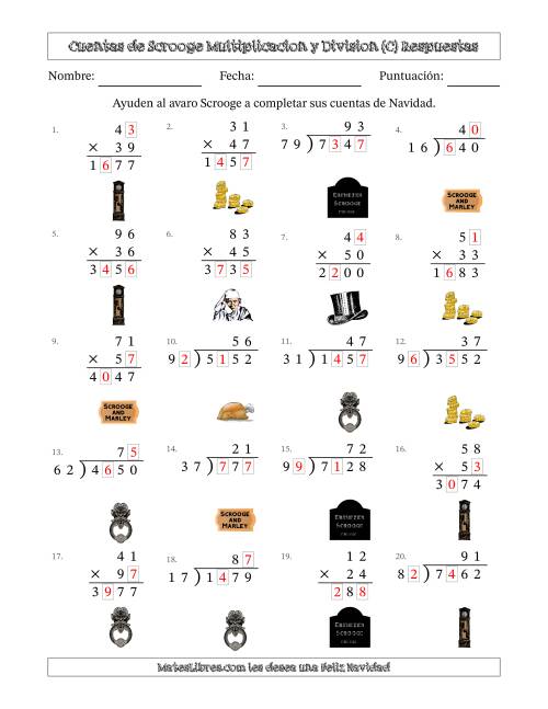 La hoja de ejercicios de Las cuentas incompletas de Ebenezer Scrooge, Multiplicacion y Division (Versión Difícil) (C) Página 2