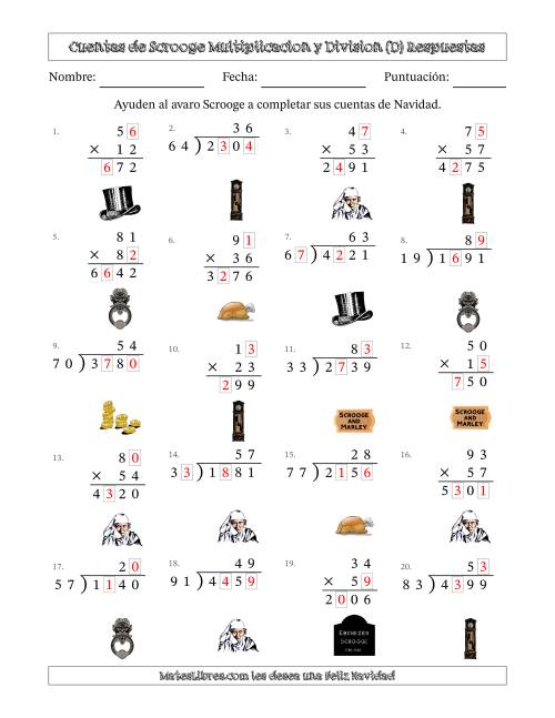 La hoja de ejercicios de Las cuentas incompletas de Ebenezer Scrooge, Multiplicacion y Division (Versión Difícil) (D) Página 2