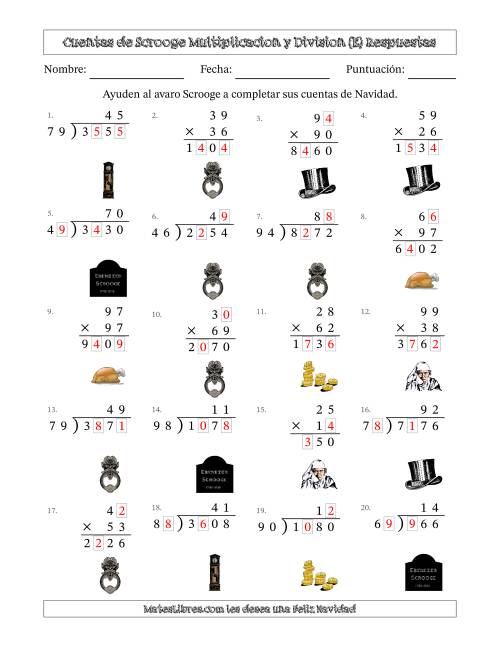 La hoja de ejercicios de Las cuentas incompletas de Ebenezer Scrooge, Multiplicacion y Division (Versión Difícil) (E) Página 2