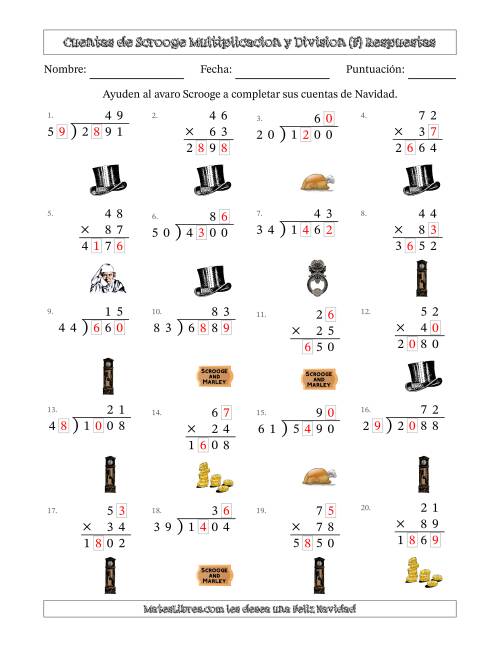 La hoja de ejercicios de Las cuentas incompletas de Ebenezer Scrooge, Multiplicacion y Division (Versión Difícil) (F) Página 2