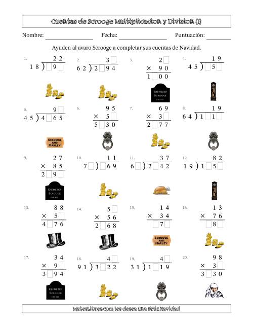 La hoja de ejercicios de Las cuentas incompletas de Ebenezer Scrooge, Multiplicacion y Division (Versión Difícil) (I)