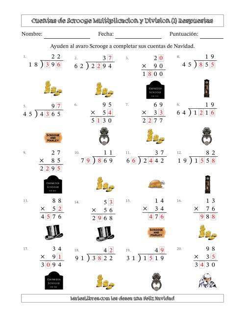 La hoja de ejercicios de Las cuentas incompletas de Ebenezer Scrooge, Multiplicacion y Division (Versión Difícil) (I) Página 2