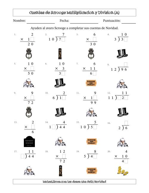 La hoja de ejercicios de Las cuentas incompletas de Ebenezer Scrooge, Multiplicacion y Division (Versión Fácil) (A)