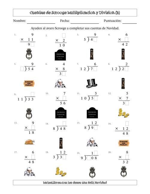 La hoja de ejercicios de Las cuentas incompletas de Ebenezer Scrooge, Multiplicacion y Division (Versión Fácil) (B)