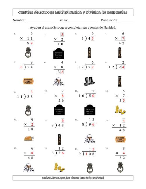 La hoja de ejercicios de Las cuentas incompletas de Ebenezer Scrooge, Multiplicacion y Division (Versión Fácil) (B) Página 2