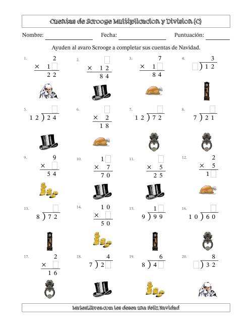 La hoja de ejercicios de Las cuentas incompletas de Ebenezer Scrooge, Multiplicacion y Division (Versión Fácil) (C)