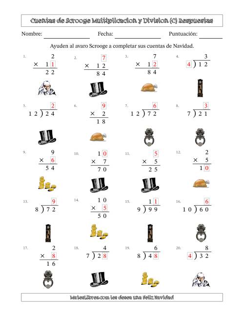 La hoja de ejercicios de Las cuentas incompletas de Ebenezer Scrooge, Multiplicacion y Division (Versión Fácil) (C) Página 2