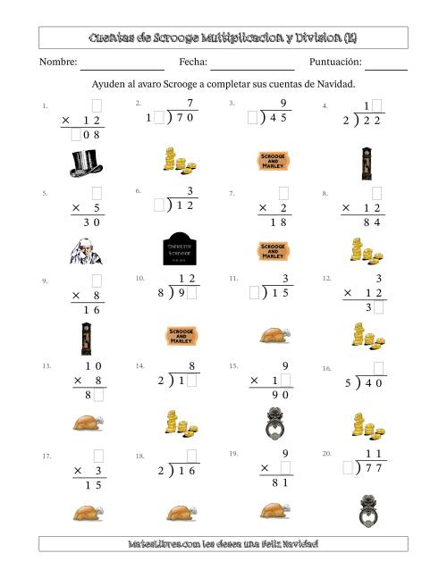 La hoja de ejercicios de Las cuentas incompletas de Ebenezer Scrooge, Multiplicacion y Division (Versión Fácil) (E)