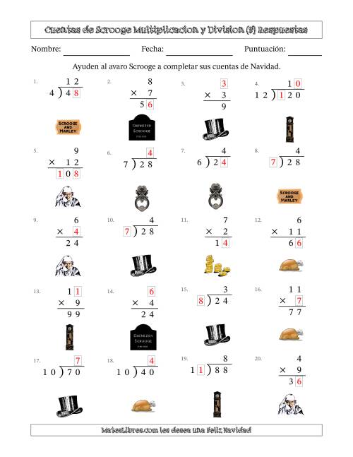 La hoja de ejercicios de Las cuentas incompletas de Ebenezer Scrooge, Multiplicacion y Division (Versión Fácil) (F) Página 2