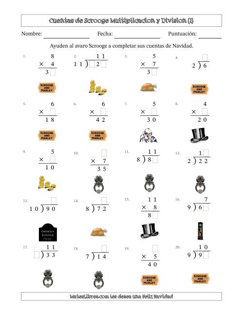 La hoja de ejercicios de Las cuentas incompletas de Ebenezer Scrooge, Multiplicacion y Division (Versión Fácil) (I)