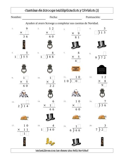 La hoja de ejercicios de Las cuentas incompletas de Ebenezer Scrooge, Multiplicacion y Division (Versión Fácil) (J)