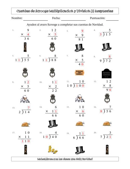 La hoja de ejercicios de Las cuentas incompletas de Ebenezer Scrooge, Multiplicacion y Division (Versión Fácil) (J) Página 2