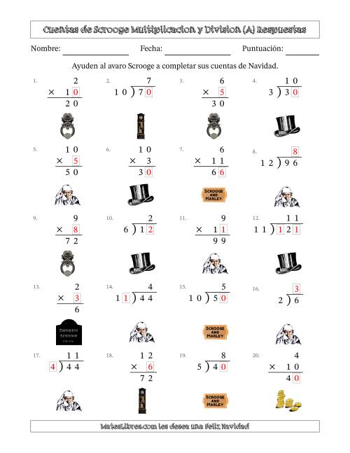 La hoja de ejercicios de Las cuentas incompletas de Ebenezer Scrooge, Multiplicacion y Division (Versión Fácil) (Todas) Página 2