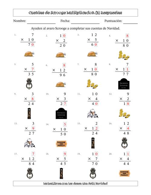 La hoja de ejercicios de Las cuentas incompletas de Ebenezer Scrooge, Multiplicacion (Versión Fácil) (B) Página 2