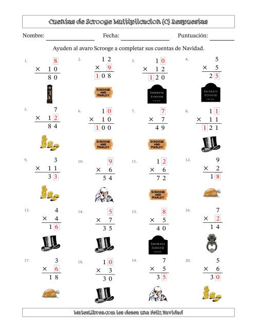 La hoja de ejercicios de Las cuentas incompletas de Ebenezer Scrooge, Multiplicacion (Versión Fácil) (C) Página 2