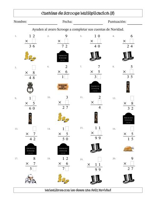 La hoja de ejercicios de Las cuentas incompletas de Ebenezer Scrooge, Multiplicacion (Versión Fácil) (F)