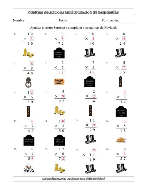 La hoja de ejercicios de Las cuentas incompletas de Ebenezer Scrooge, Multiplicacion (Versión Fácil) (F) Página 2