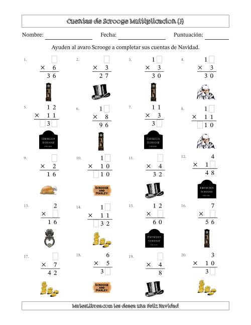 La hoja de ejercicios de Las cuentas incompletas de Ebenezer Scrooge, Multiplicacion (Versión Fácil) (J)