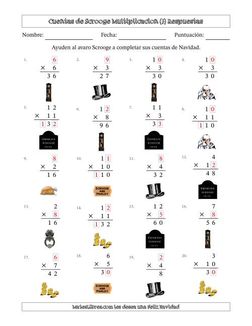 La hoja de ejercicios de Las cuentas incompletas de Ebenezer Scrooge, Multiplicacion (Versión Fácil) (J) Página 2