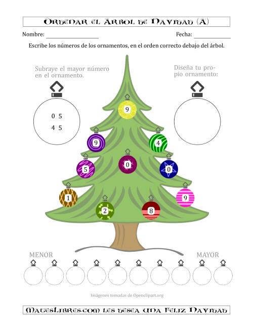 La hoja de ejercicios de Ordenar Números de 0 a 10 en un Árbol de Navidad (A)