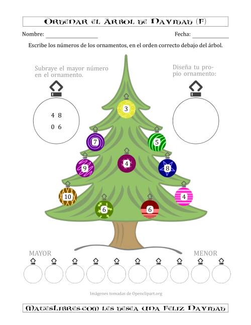 La hoja de ejercicios de Ordenar Números de 0 a 10 en un Árbol de Navidad (F)