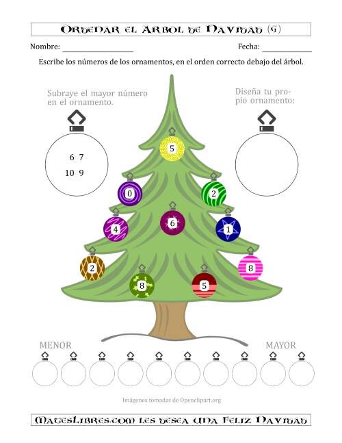 La hoja de ejercicios de Ordenar Números de 0 a 10 en un Árbol de Navidad (G)