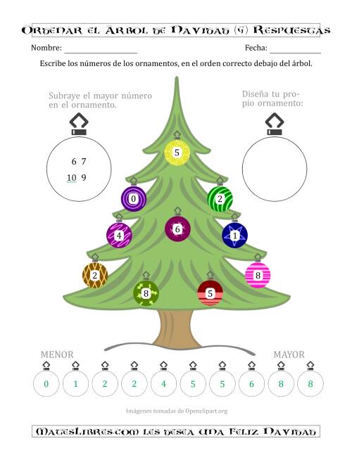 La hoja de ejercicios de Ordenar Números de 0 a 10 en un Árbol de Navidad (G) Página 2