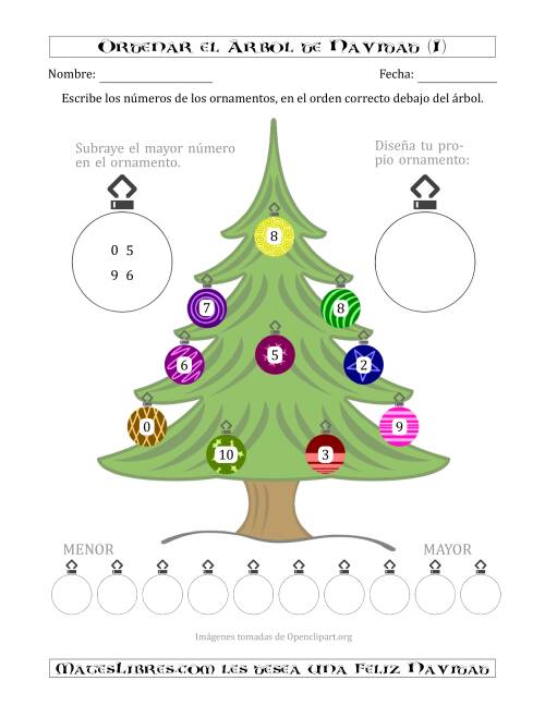 La hoja de ejercicios de Ordenar Números de 0 a 10 en un Árbol de Navidad (I)