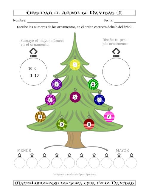 La hoja de ejercicios de Ordenar Números de 0 a 10 en un Árbol de Navidad (J)