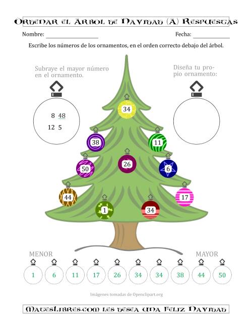 La hoja de ejercicios de Ordenar Números de 1 a 50 en un Árbol de Navidad (A) Página 2