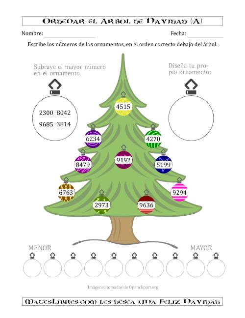 La hoja de ejercicios de Ordenar Números de 1000 a 9999 en un Árbol de Navidad (A)