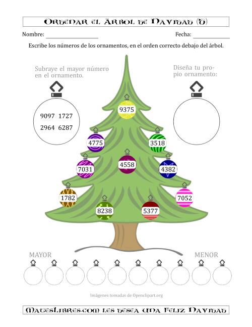 La hoja de ejercicios de Ordenar Números de 1000 a 9999 en un Árbol de Navidad (D)