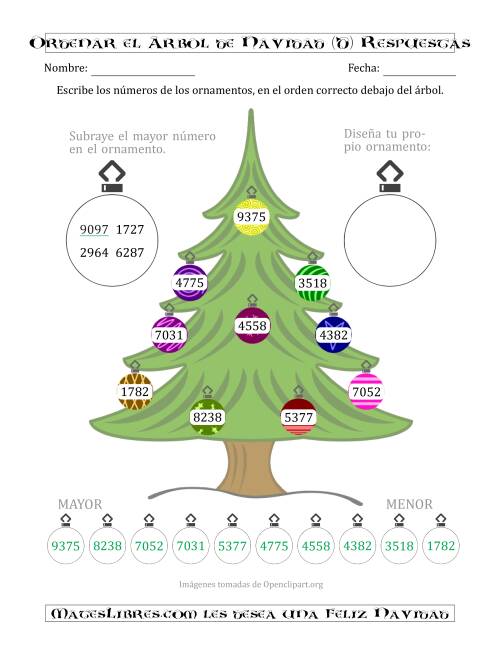 La hoja de ejercicios de Ordenar Números de 1000 a 9999 en un Árbol de Navidad (D) Página 2