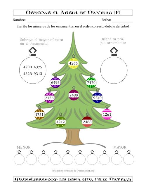 La hoja de ejercicios de Ordenar Números de 1000 a 9999 en un Árbol de Navidad (F)