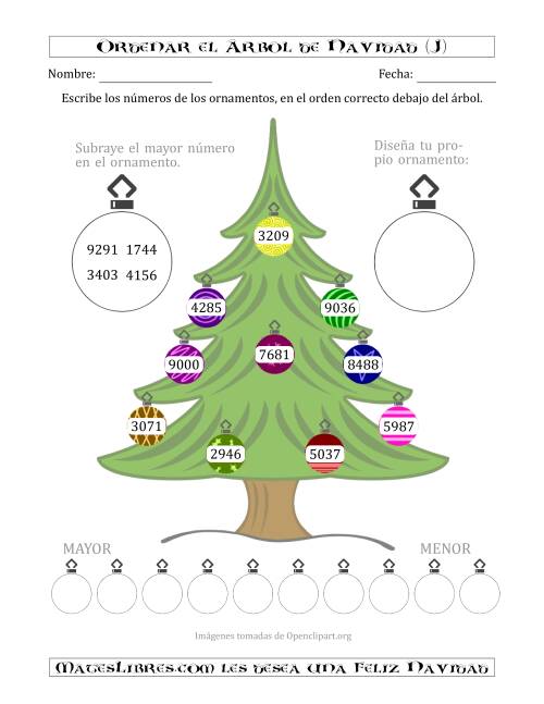 La hoja de ejercicios de Ordenar Números de 1000 a 9999 en un Árbol de Navidad (J)