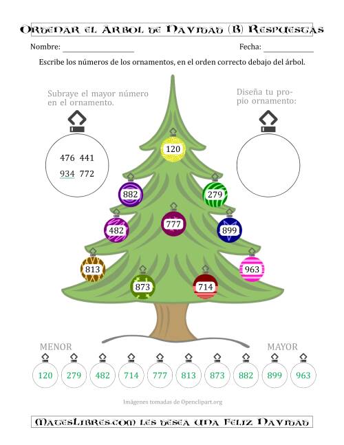 La hoja de ejercicios de Ordenar Números de 100 a 999 en un Árbol de Navidad (B) Página 2