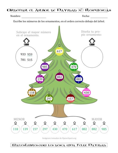 La hoja de ejercicios de Ordenar Números de 100 a 999 en un Árbol de Navidad (C) Página 2