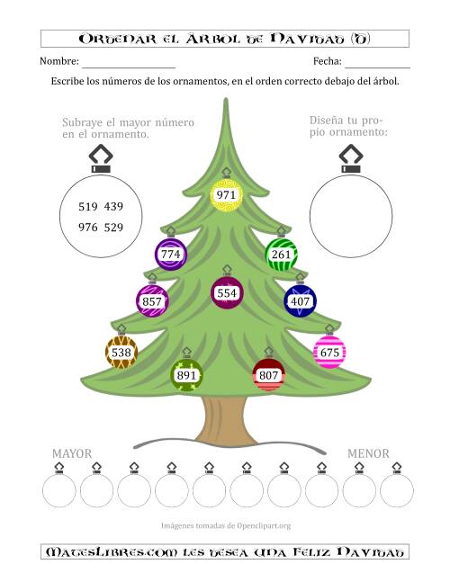 La hoja de ejercicios de Ordenar Números de 100 a 999 en un Árbol de Navidad (D)