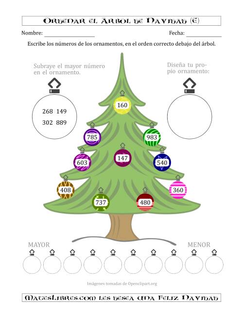 La hoja de ejercicios de Ordenar Números de 100 a 999 en un Árbol de Navidad (E)
