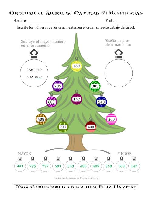 La hoja de ejercicios de Ordenar Números de 100 a 999 en un Árbol de Navidad (E) Página 2