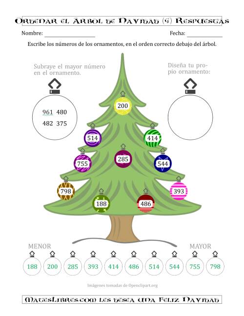 La hoja de ejercicios de Ordenar Números de 100 a 999 en un Árbol de Navidad (G) Página 2
