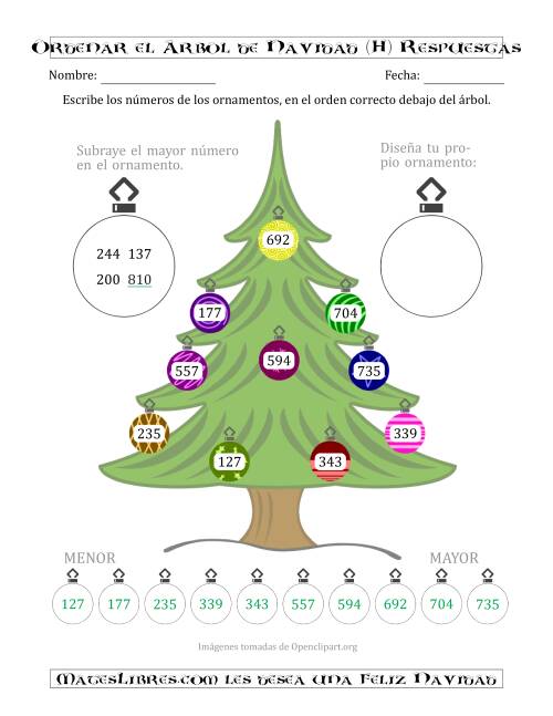 La hoja de ejercicios de Ordenar Números de 100 a 999 en un Árbol de Navidad (H) Página 2