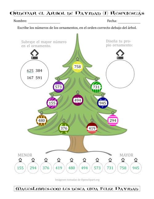 La hoja de ejercicios de Ordenar Números de 100 a 999 en un Árbol de Navidad (I) Página 2